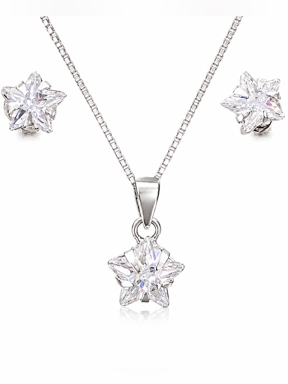 Sterling Silver 925 Star Necklace Earrings Set Box Chain Dainty Sparkle